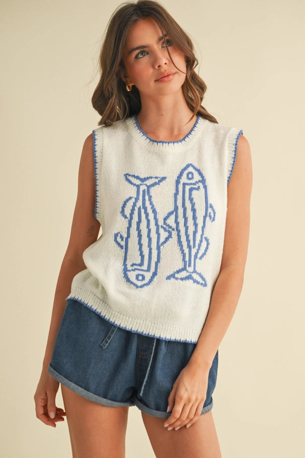 Fish Printed Sleeveless Sweater Top