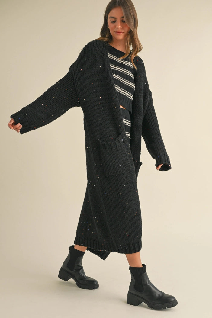 Multi Color Sequins Long Chunky Knit Cardigan