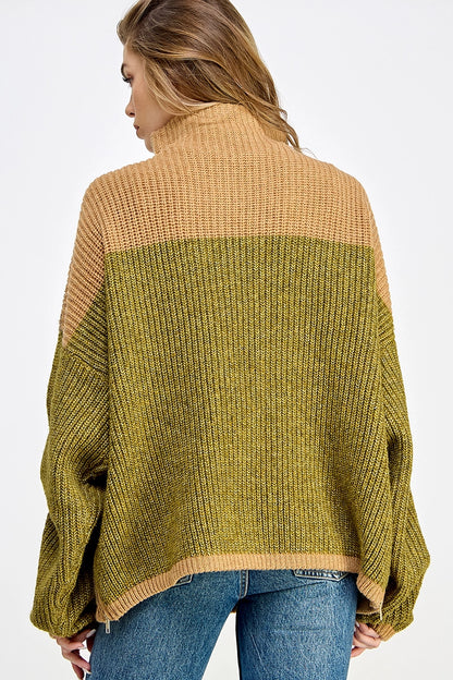 Color Block Zipper Detailed Oversize Sweater