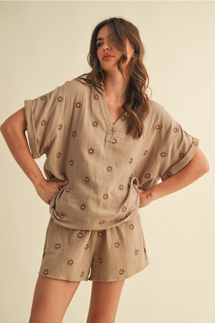 Flower Embroidered Shirt and Shorts Set