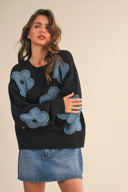 Denim Floral Contrast Knit Sweater Top