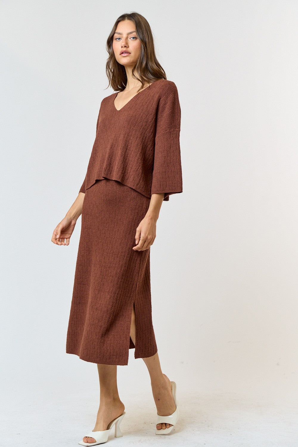 Thin Ribbed Long Sleeve Top and Maxi Skirt Sets