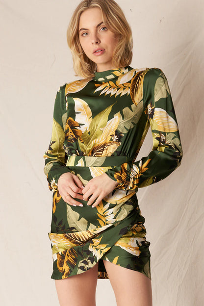 Tropical Print Long Sleeve Mini Dress