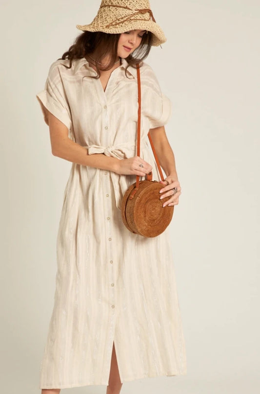 Short Sleeve Button Down Midi Dress with Lurex