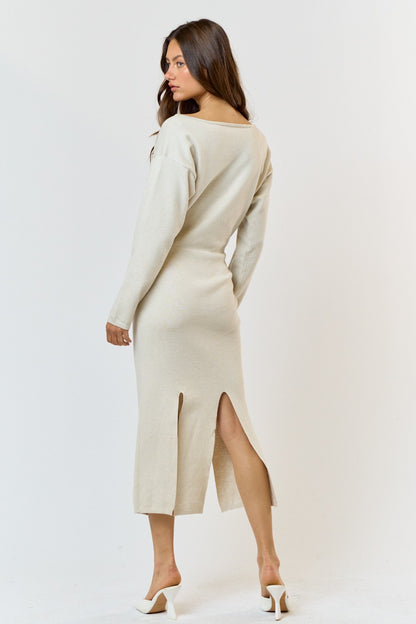 Bottom Slit Boat Neck Sweater Midi Dress