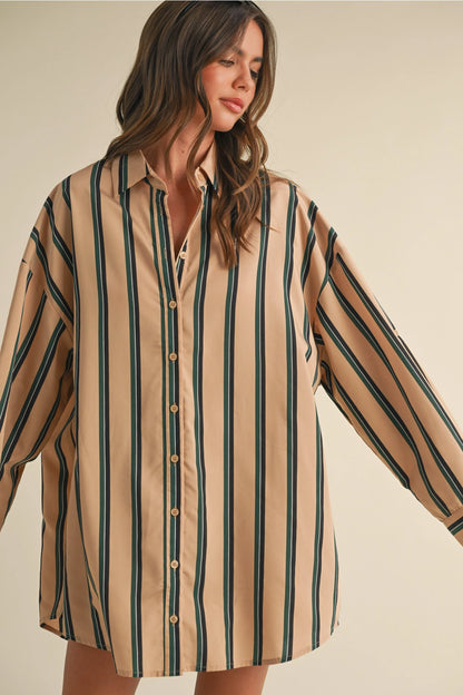 Oversized Striped Button Down Shirt Dress