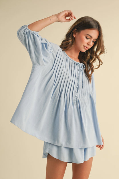 Pin Tuck Balloon Sleeve Tunic Top and Shorts Set