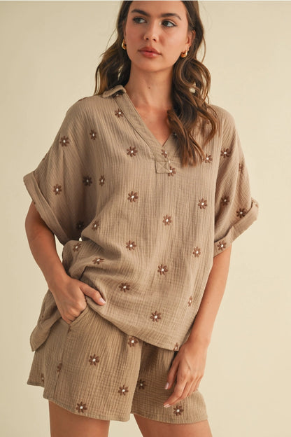 Flower Embroidered Shirt and Shorts Set