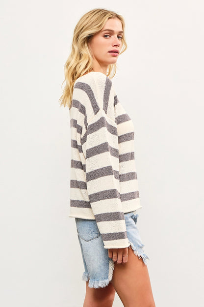 Boat Neck Striped Texture Knit Sweater