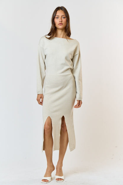 Bottom Slit Boat Neck Sweater Midi Dress