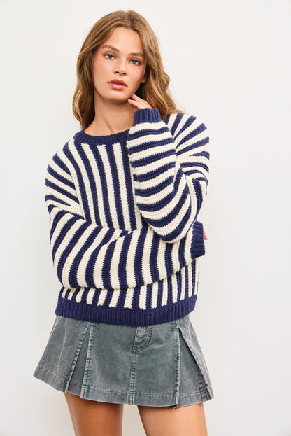 Oversized Crew Neck Striped Heavy Sweater Top