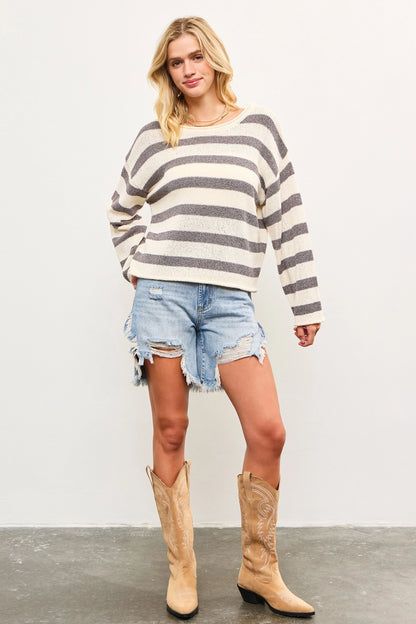 Boat Neck Striped Texture Knit Sweater