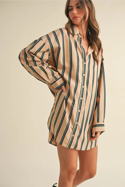 Oversized Striped Button Down Shirt Dress