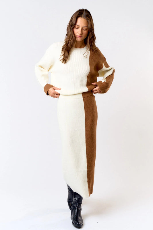 Color Block Sweater Top and Midi Skirt Set