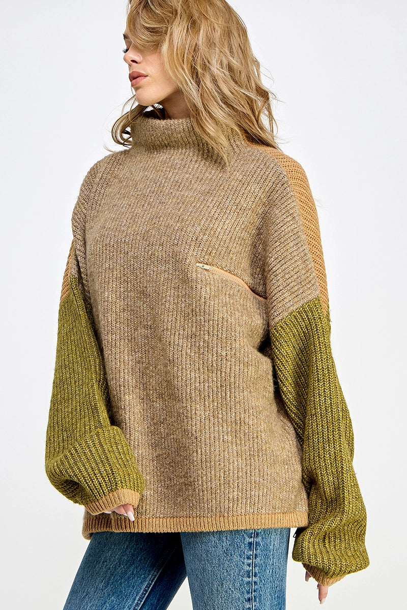 Color Block Zipper Detailed Oversize Sweater