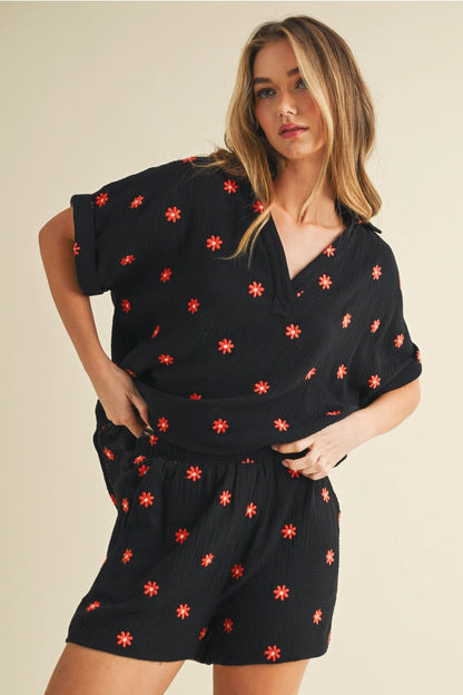 Flower Embroidered Shirt and Shorts Set