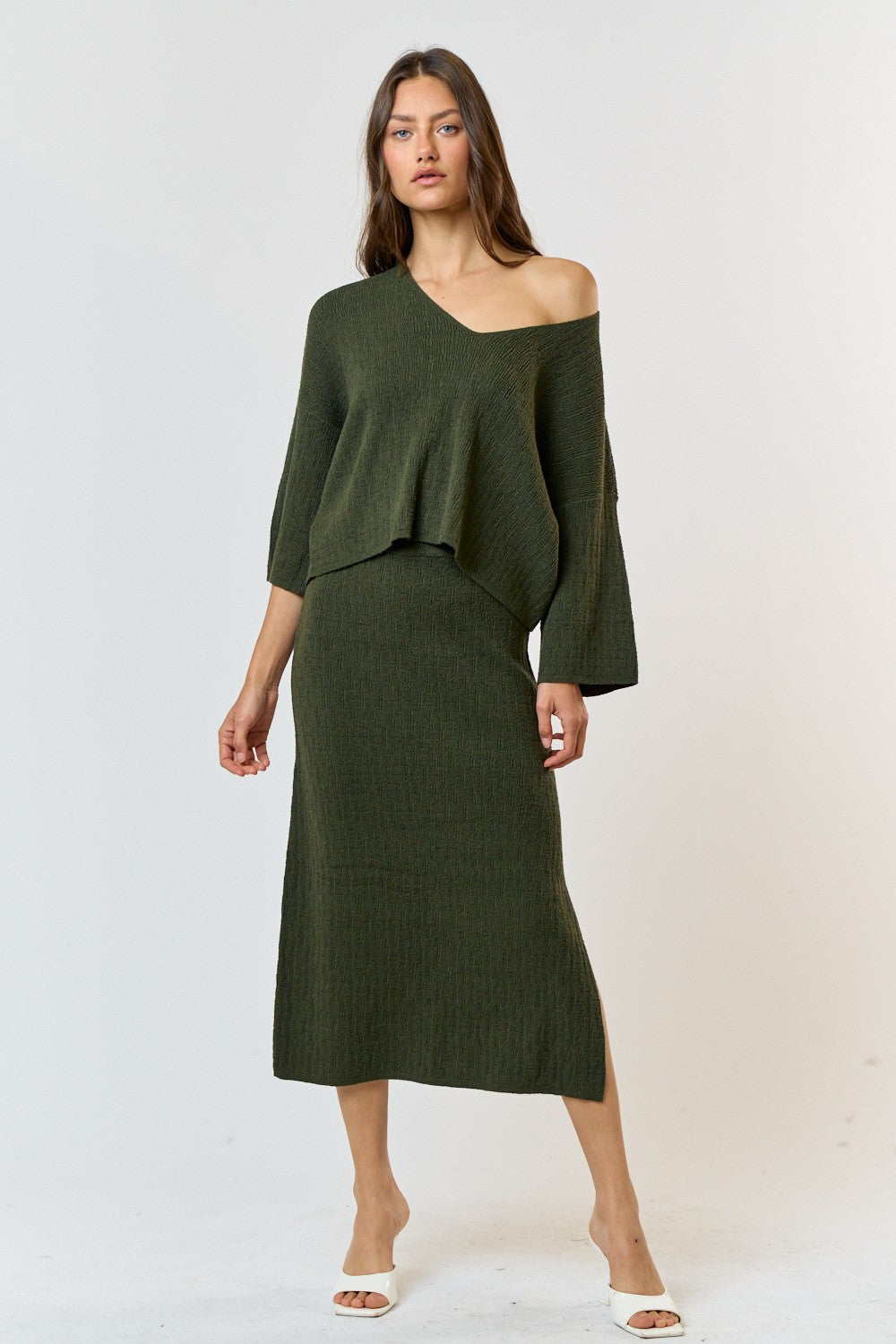 Thin Ribbed Long Sleeve Top and Maxi Skirt Sets