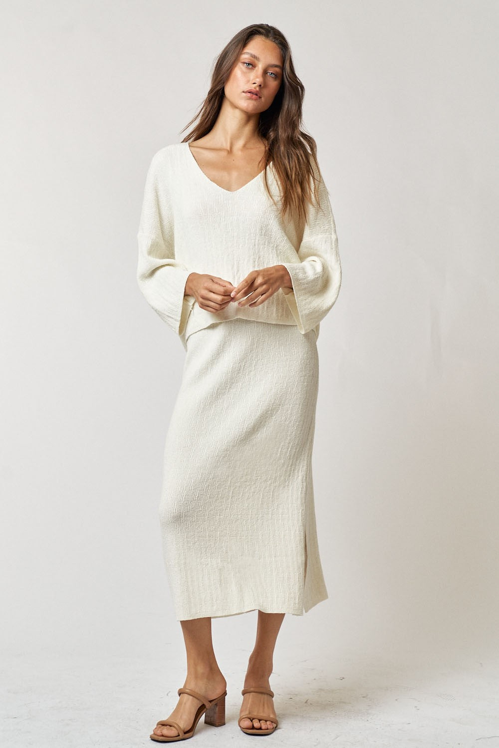 Thin Ribbed Long Sleeve Top and Maxi Skirt Sets