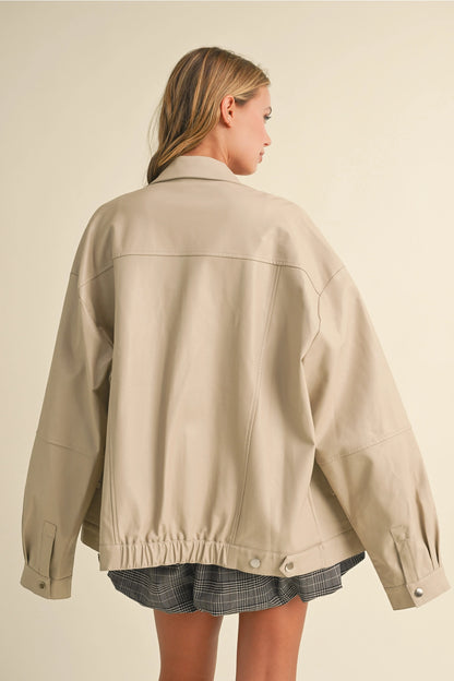 Oversized Flap Pocket Vegan Leather Bomber Jacket