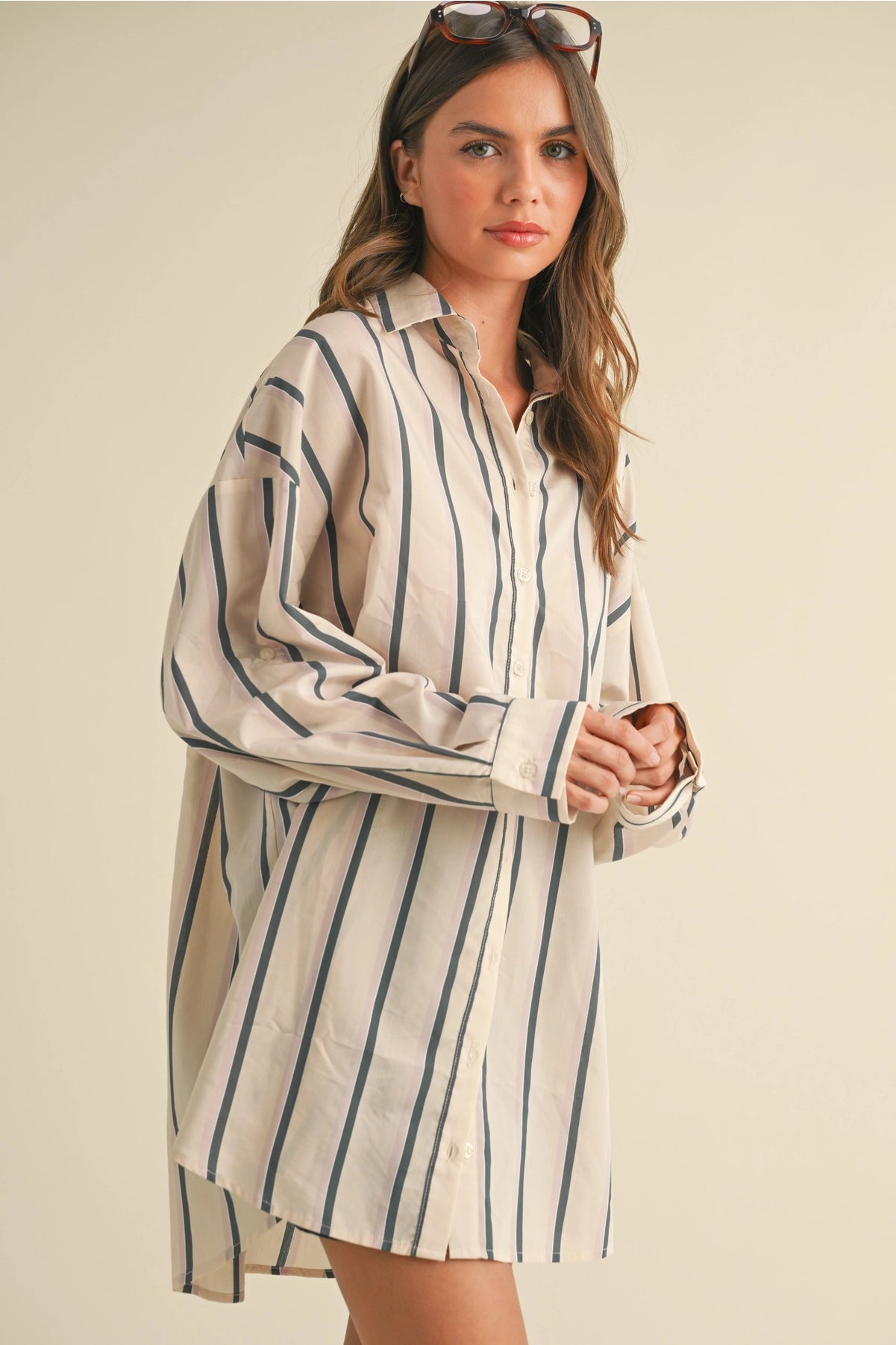 Oversized Striped Button Down Shirt Dress