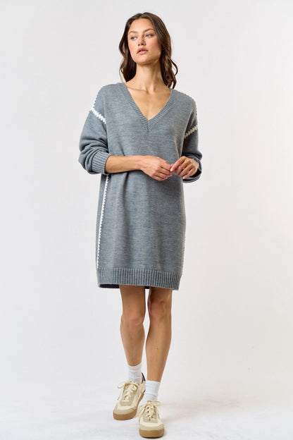 Contrast Overlock Stitch Sweater Mini Dress