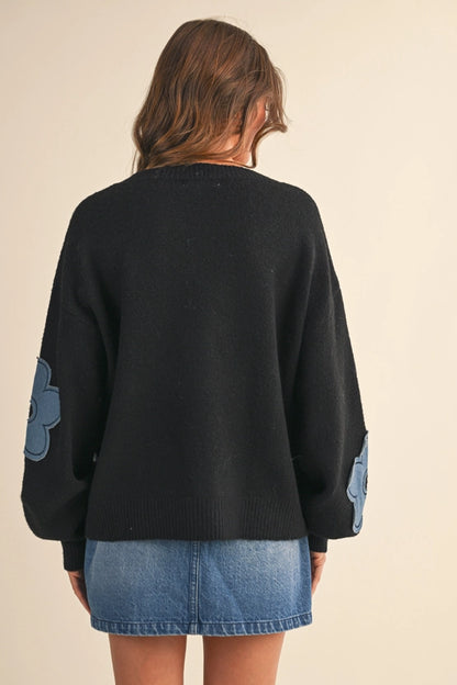 Denim Floral Contrast Knit Sweater Top