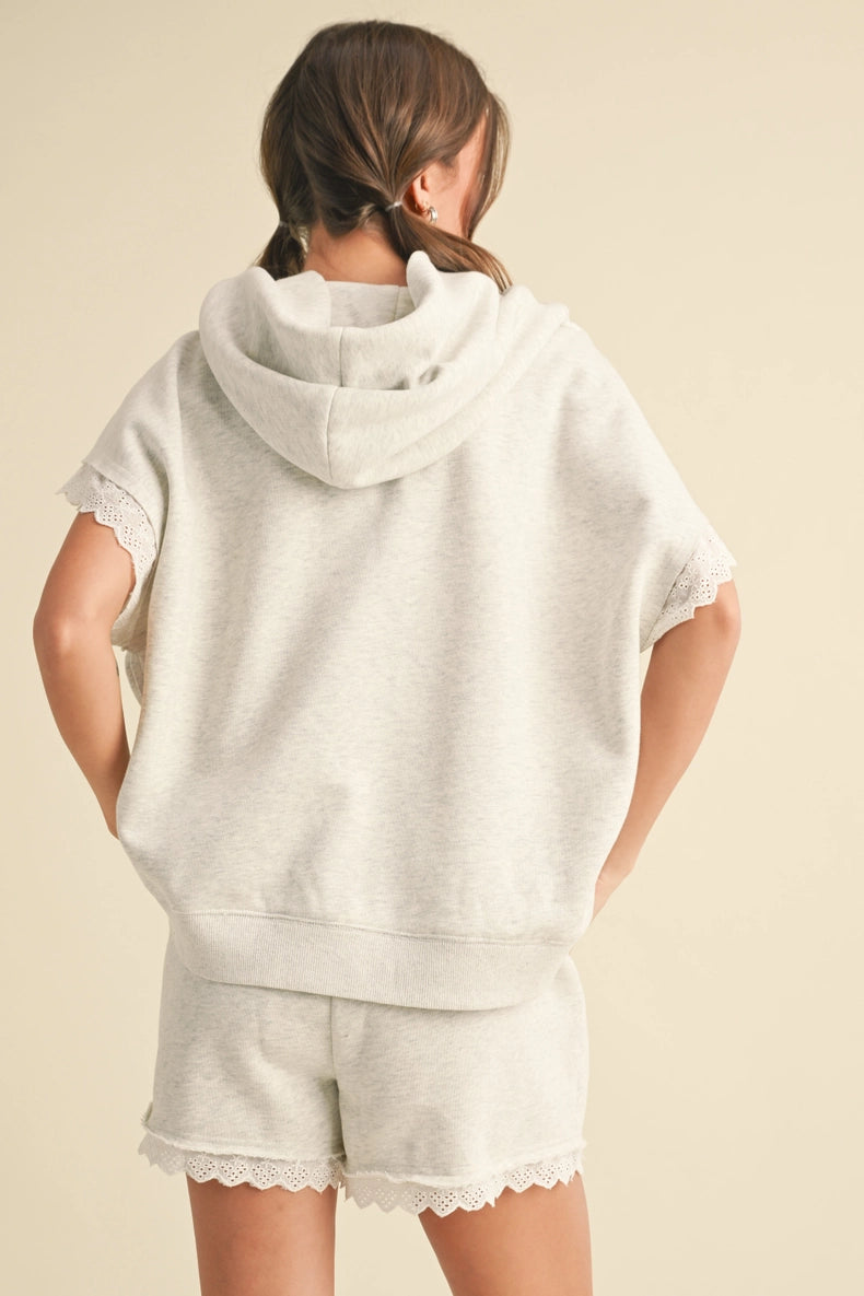 Hoodie Short Sleeve Lace Trim Pullover and Shorts Set