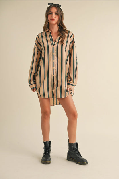 Oversized Striped Button Down Shirt Dress