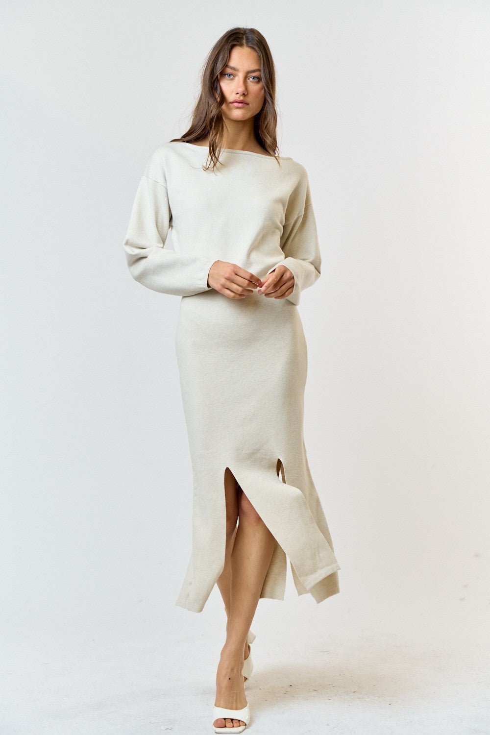 Bottom Slit Boat Neck Sweater Midi Dress