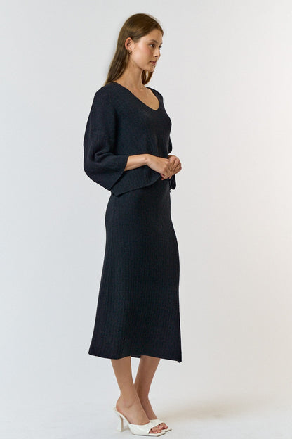 Thin Ribbed Long Sleeve Top and Maxi Skirt Sets