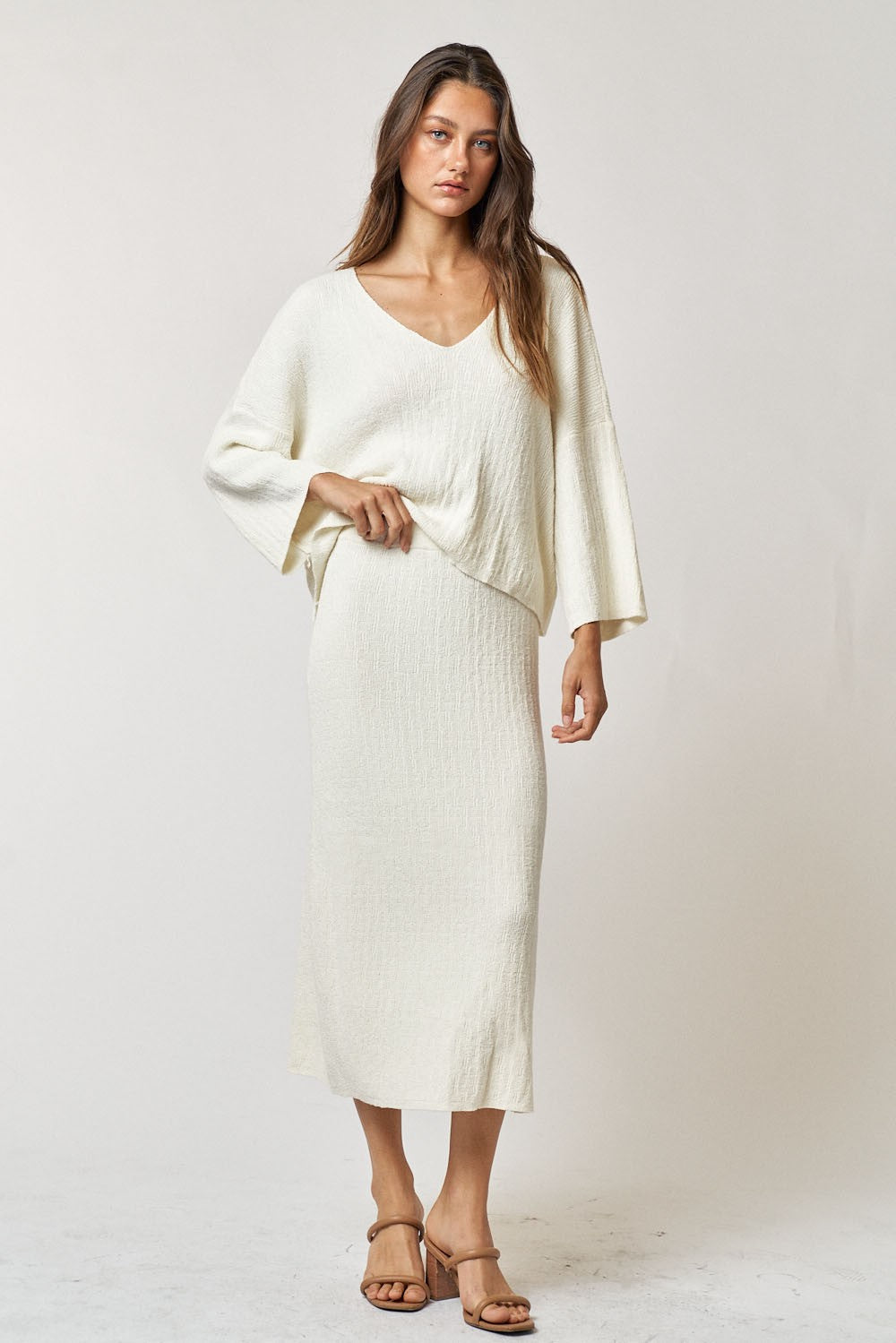 Thin Ribbed Long Sleeve Top and Maxi Skirt Sets