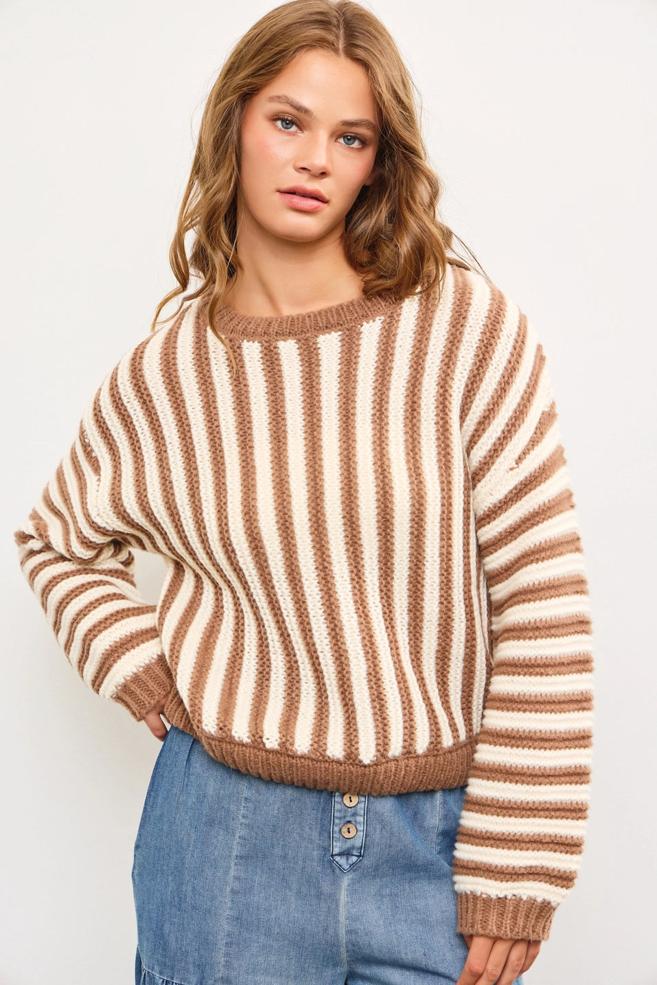 Oversized Crew Neck Striped Heavy Sweater Top