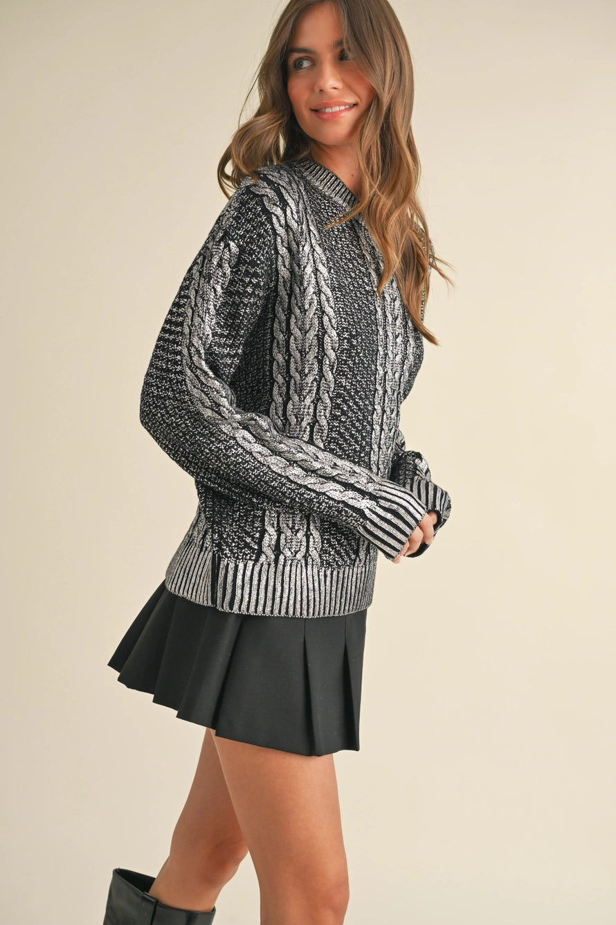 Metallic Foil Cable Knit Sweater Top