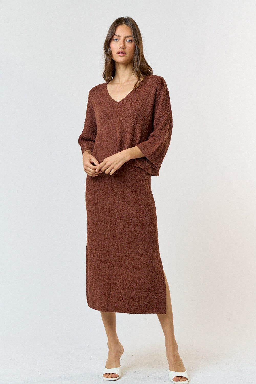 Thin Ribbed Long Sleeve Top and Maxi Skirt Sets