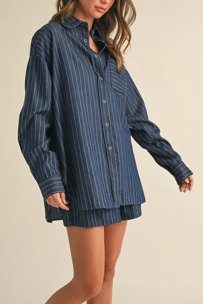 Striped Long Sleeve Button Down Top and Shorts