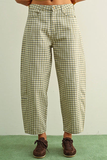 Mini Checker Pattern Barrel Pants